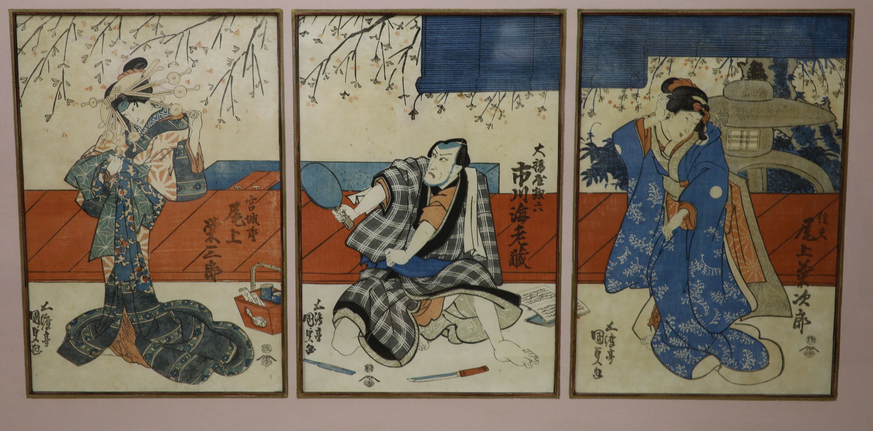 Kunisada, woodblock triptych print, Kabuki scene, a Lord, a Lady and a Lady of the Night, each 37 x 25cm, framed as one